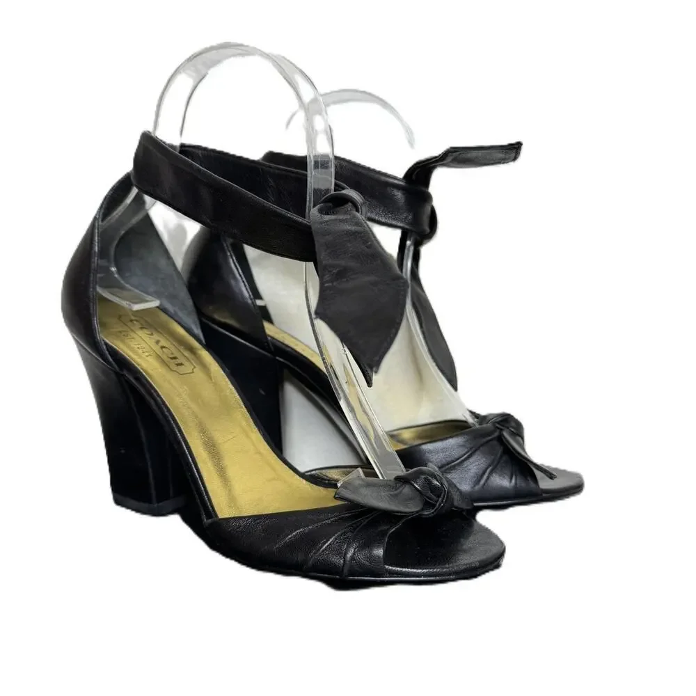 Coach Black Leather Peep-Toe Heels, Ankle Tie, 3.5